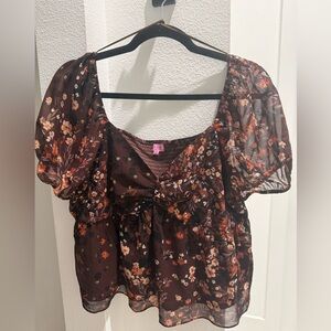 Francesca's Collections Floral Sheer Blouse - Brown and Pink